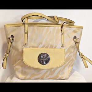 Beautiful ANNE KLEIN Yellow & White Zebra Print Fabric Large Tote w/Brown Lining